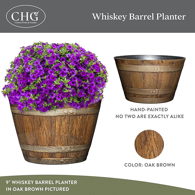 Classic Home & Garden by Growscape Whiskey Barrel Planters, Wooden Finish Flower Planter Pot, Stylish Garden Pots, Indoor Outdoor Resin Planters, Weather-Resistant Plant Pot (20.5" Oak Brown, 1-Pack)