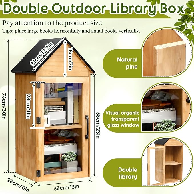 Wonderjune Outdoor Little Library Box,2-Tier Little Library for Neighborhoods Community School,Wood Book Storage for Literature Exchange,Halloween DIY Decor, Sharing Books, Literature and Newspapers
