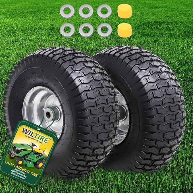 15x6.00-6 Tubeless Tire and Wheel Assembly(2 Pack) ，Replacement Riding Lawn Mower Front Tires,Compatible withRiding Mowers and Lawn Tractor, 3" Centered Hub and 3/4" Bushings（Gray)