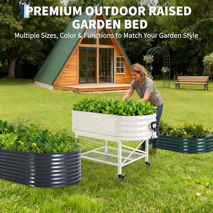 Garvee Galvanized Raised Garden Bed Large Oval Kit with Cover Zippered Screen Doors, Open Base Design, Thick Steel, Easy Assembly, Planter Box for Vegetables, Flowers (White, 4x2x1 ft)