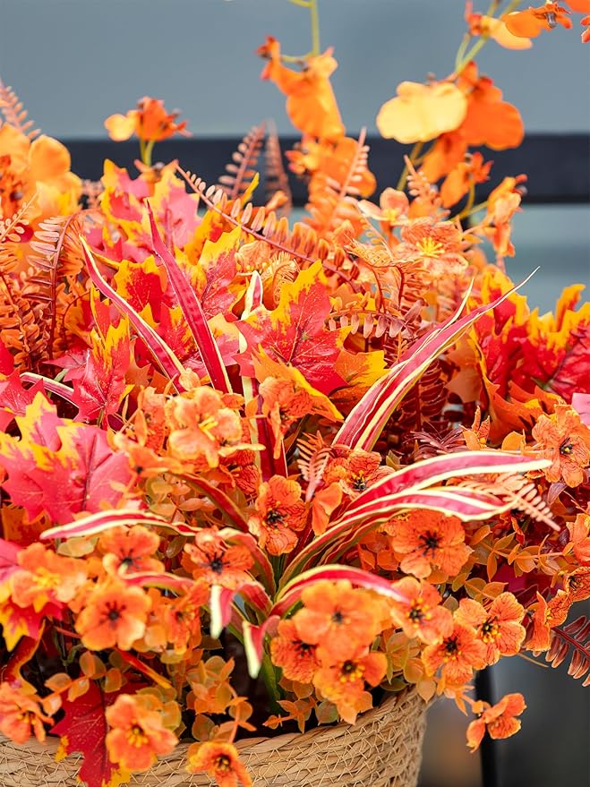 17 Bundles Artificial Fall Flowers for Outdoor Faux Fall Orchid Mums Flowers for Outside Garden Yard Window Thanksgiving Autumn Decor Fall Decorations for Home