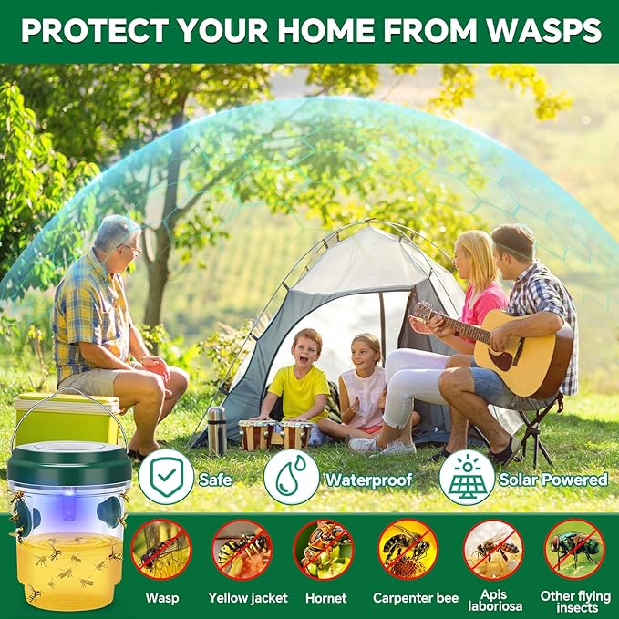 Wasp Trap, Solar Wasp Traps Outdoor Hanging, Reusable Yellow Jacket Hornet Trap with LED Light for Outside Garden, Patio, Orchard, Camping (2, Green)