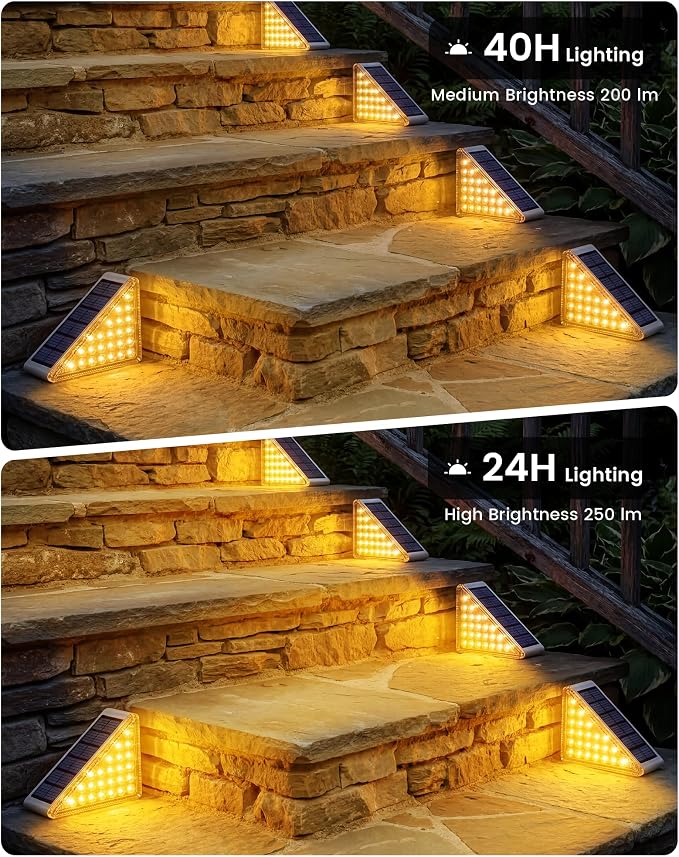 NIORSUN Outdoor Step Lights, Upgraded 28 LEDs 2 Brightness Modes, IP67 Waterproof Solar Stair Lights for Outside Steps, 1200mAh Battery Long Runtime Warm White for Patio Deck Yard Porch, 16 Pack
