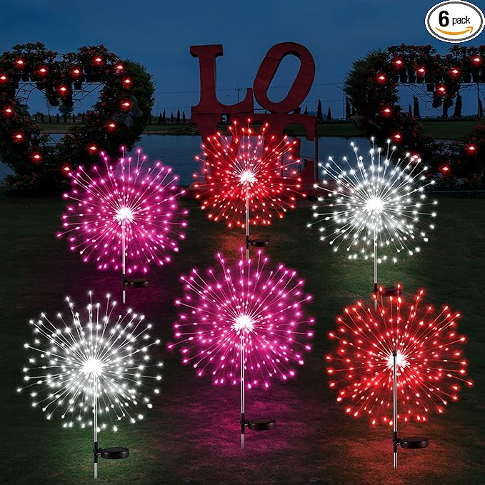 Tujoe 6 Pcs 4th of July Solar Firework Lights Patriotic Solar Light Outdoor Garden 120 LED 8 Modes Waterproof LED Sparkler Light for 250th Anniversary Patio Yard Pathway Walkway (Red,White,Pink)