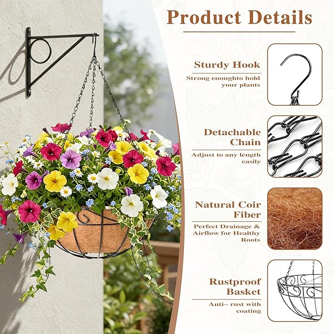 4 Pack Hanging Planter for Outdoor Plants 12 inch Metal Hanging Flower Basket with Coco Coir Liner Round Wire Plant Holder Chain Flower Pots Outdoor Garden Decoration Watering Hanging Baskets（HB）