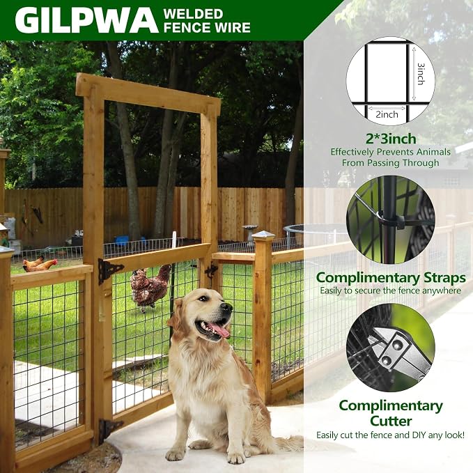 GILPWA Welded Wire Fence, 100ft(L) x 36inch(H) PVC Coated Wire Fencing for Dog, 2 Inch x 3 Inch 16GA Fencing for Chicken, Anti-Rust Roll Metal Wire Mesh Fence for Yard Vegetable, Black