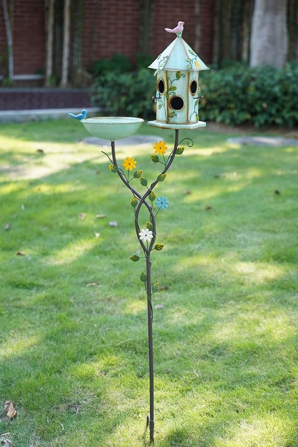 HLQMFHT 56" H Bird Baths and Bird Houses with Pole,Metal Bird Bath Bowl,birdhouses for Outdoors,Bird Bath with Stake,Garden Yard Decor