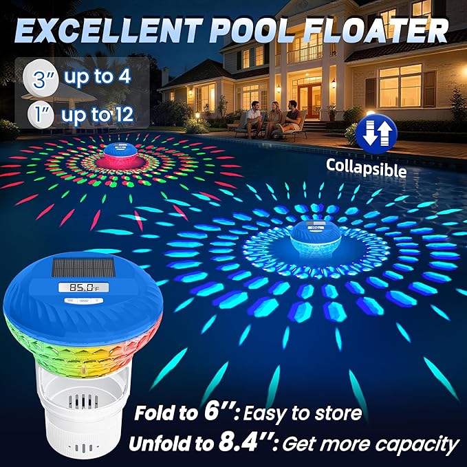 2026 Upgraded Pool Chlorine Floater with Thermometer, Digital Screen Pool Chlorine Floater,Solar Pool Chlorine Floaters with Light, Button Control Floating Chlorine Dispenser for Pool (White)