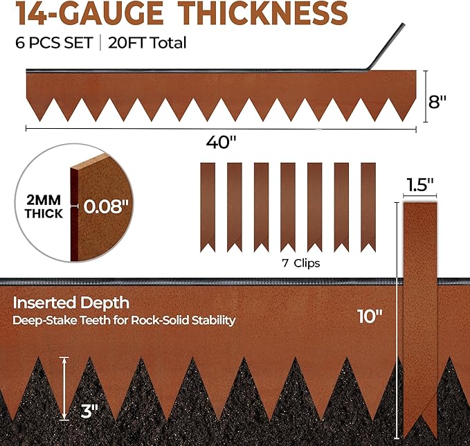 Worth Garden 6-Pack Cor-Ten Steel Landscape Edging with Black Protection Strips - Rust Patina Finish 40" L x 8" H (20Ft Total) - Hammer-in 14-Gauge Metal Corten Lawn Yard Edging Border w/ 7 Clips