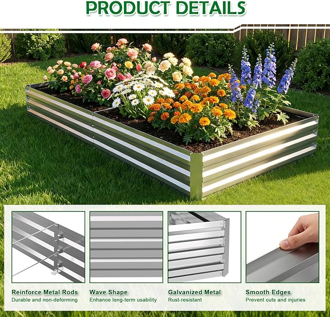 2PCS 8x4x1FT Galvanized Raised Garden Bed Outdoor Patio, Large Rectangular Metal Planter Boxes,Plant Container Kit for Gardening, Vegetables, Flowers, Herbs,Silver