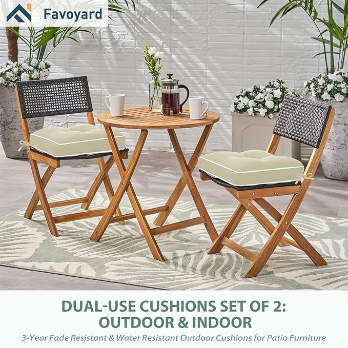 Favoyard Patio Chair Cushions 17 × 17 Inch Water Resistant & 3-Year Color Fastness Outdoor Chairs Cushion for Seat Dining Rocking Wicker Chair Cushion With Tie Straps Tufted Square Pads, Beige, 2 Pack