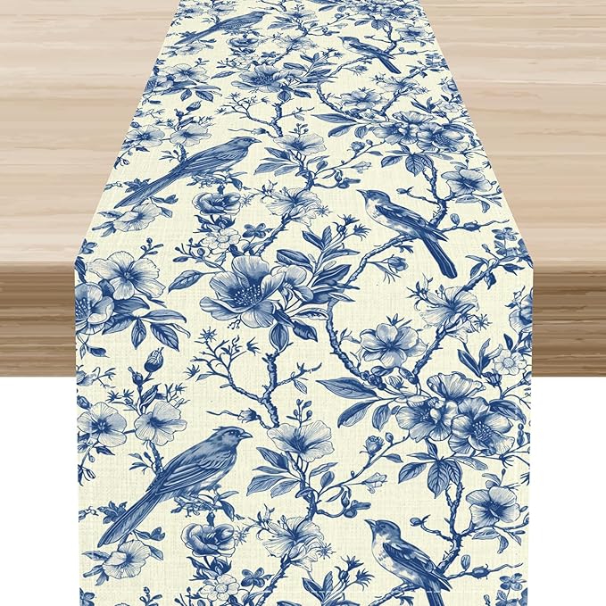 Blue Birds Floral Table Runner, Monochrome Sketch Japanese Boho Spring Seasonal Chinese Table Center Decor for Kitchen Family Country Restaurant and Living Room Table Decorations, 13" X 72"