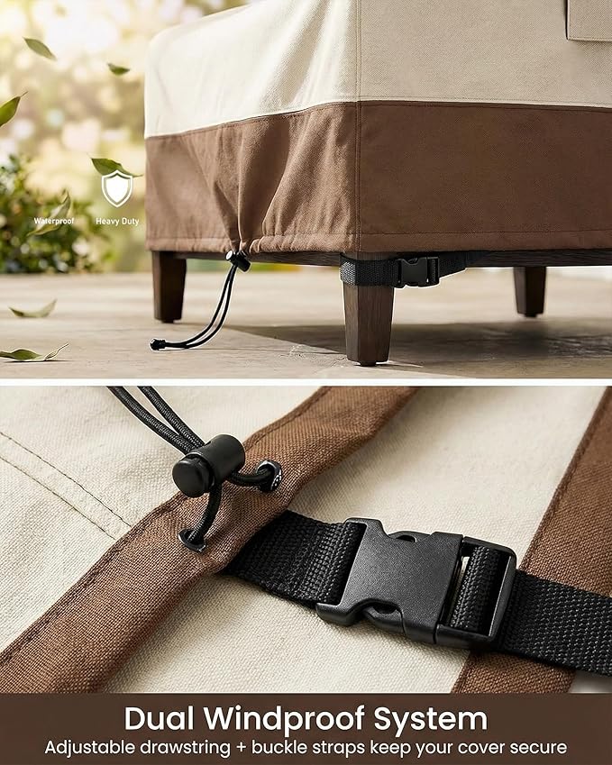 Waterproof Patio Coffee Table Cover, 600D Heavy Duty Outdoor Furniture Covers, Weather & UV Resistant, Windproof with Buckles, Rectangular Table Cover for Backyard Patio 42 x 26 x 16 in, Beige & Brown