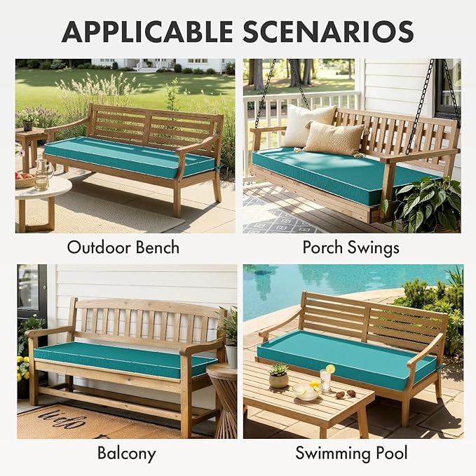 MIULEE Turquoise Outdoor Bench Cushion 48x18x3 Inch Waterproof 3-Year Color Fastness Patio Furniture Cushions for Porch Swing, Garden Bench Sofa Couch with Adjustable Ties No Slip Design
