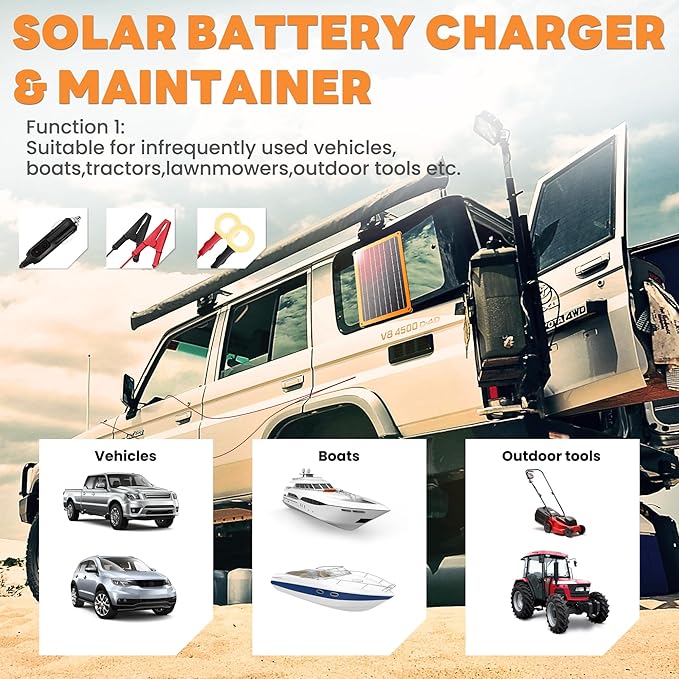 FieryRed 10W 12V Solar Panel Car Battery Charger & Maintainer, Waterproof Trickle Charger with Built-in Controller, Cig Plug, Alligator Clips, USB-C, USB-A Outputs for Car, Boat, RV, Tractor
