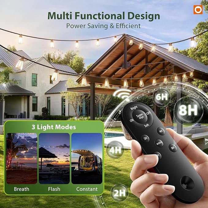 addlon 198(192+6) FT Solar String Lights Outdoor Waterproof with Remote, 96+8 LED Shatterproof Bulbs, Dimmable & Timable, Solar Lights Outdoor, Patio Lights for Garden,Backyard,Party,Camping Decor