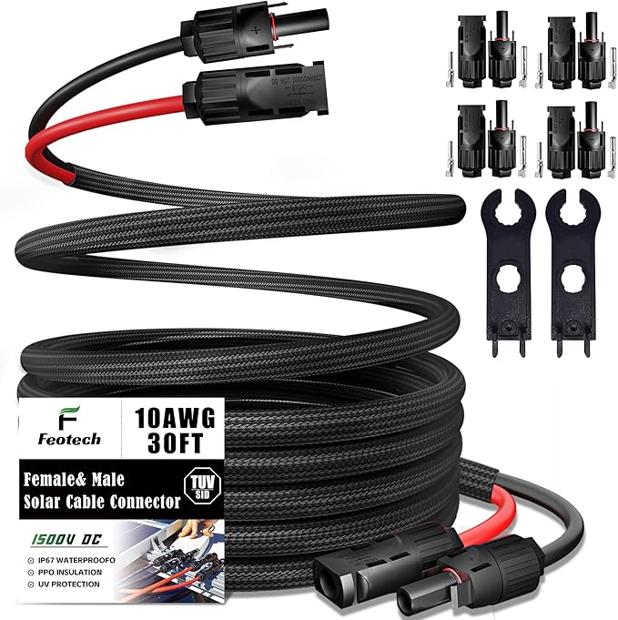 Twin Wire 30 Feet Solar Extension Cable 10AWG with -IP67- Female and Male Connector, Bonus Four Pairs of Free Connector Solar Panel Adapter kit Tools (6 Pairs connectors)