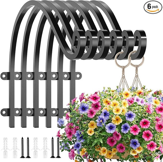 EPHECH 6 Pack Heavy Duty Plant Hanger Hook for Outdoor and Indoor, 16Inch Wall Hanging Basket Bracket, Black Metal Outdoor Hanging Bracket for Hanging Flower Pot Bird Feeder Lanterns