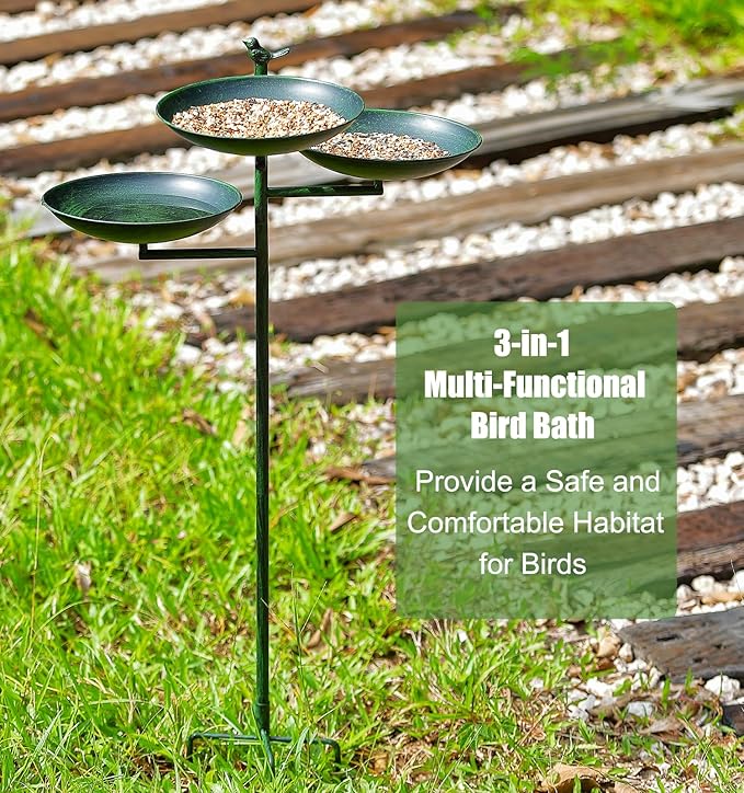 44" H Bird Bath and Feeder for Outside, 3 in 1 Free Standing Metal Birdbaths for Outdoors, with Cast Iron Bird 4-Prong Stake Base for Outdoors Yard Garden Patio, Green