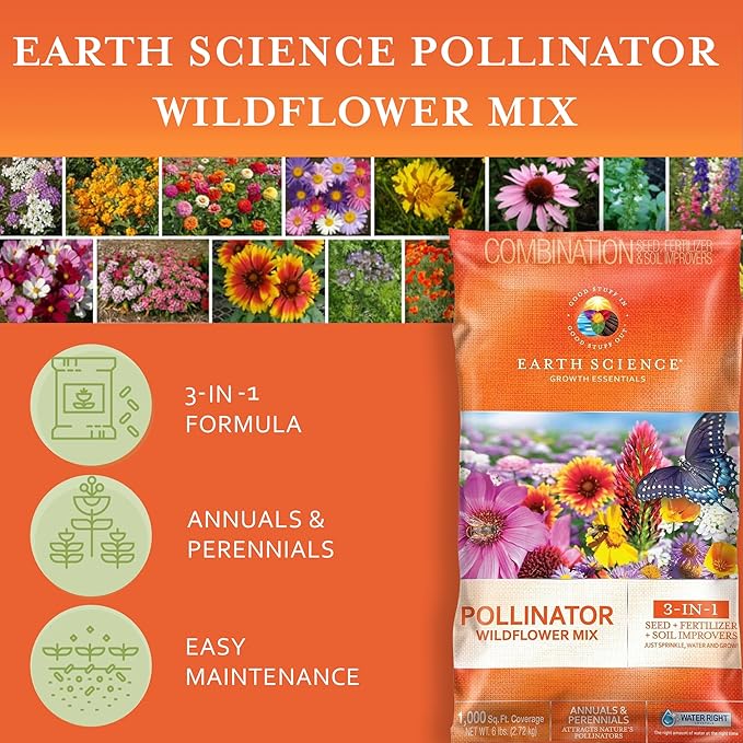 Earth Science Wildflower Pollinator Mix— 6 lb—3-in-1 Mix with Premium Wildflower Seed, Plant Food and Soil Conditioners, Non-GMO, for Bees, Hummingbirds, Butterflies, Pollinators