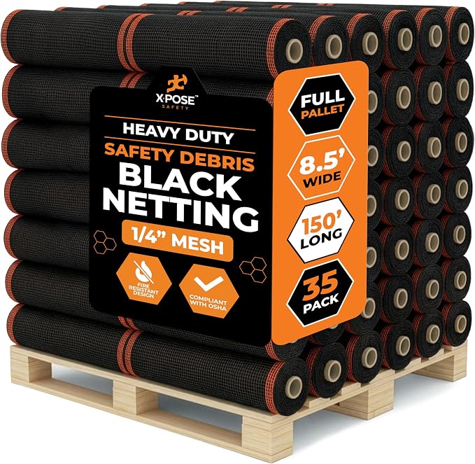 Xpose Safety Construction Safety Netting – 8.5' x 150', 1/4" Mesh Scaffold Safety Net, Temporary Material Roll, Visibility Fence, Heavy-Duty Fire Retardant, Black (35-Pack)