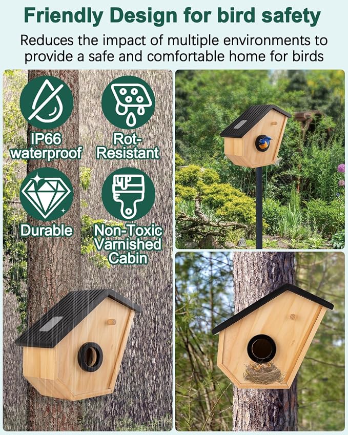 Smart Bird House with Camera, Birdhouse for Outdoor with 2K HD Camera, Solar Powered, Night Vision, Motion Detection & Activities in Real Time, 2.4G WiFi, Ideal Bird Nesting for Bird Lovers