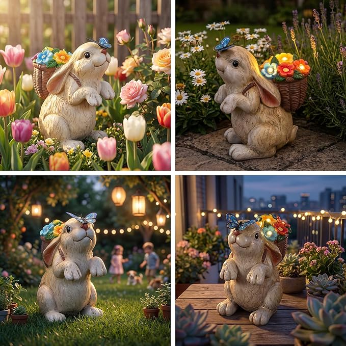 PETAFLOP Solar Garden Statues Outdoor Decor, Rabbit with Flower Basket & Butterfly Birthday for Patio Balcony Backyard Lawn Yard Decorations, Housewarming Gifts for Women, Mom, Grandma