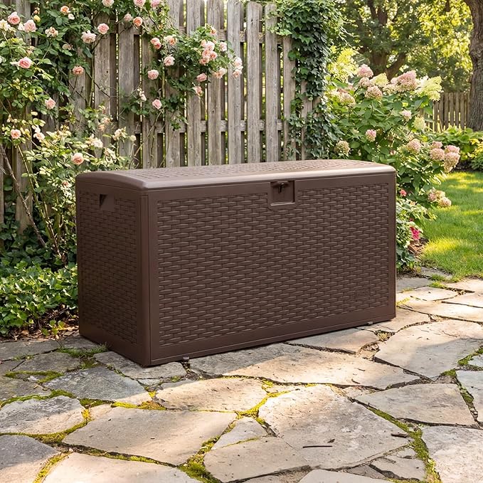 99 Gallon Waterproof Large Resin Deck Box Indoor Outdoor, Lockable Storage Container for Patio Furniture Cushions, Throw Pillows, Garden Tools, and Pool Floats, Brown