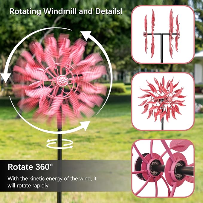 Large Wind Spinners Outdoor Metal, 360° Double-Layer Garden Wind Spinners Sculptures, 63" ×13.4", Kinetic Pinwheels for Yard and Garden Patio & Lawn (Pink)