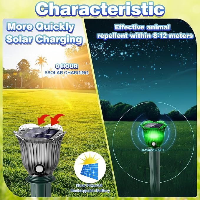 4 Pack Solar Ultrasonic Animal Repellent with RGB Color-Changing Lights, Pest 360° Sonic Deterrent for Outdoor Lawn & Garden, Solar Powered Mole, Snake & Gopher Repellent Stakes (Petal Style)