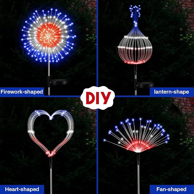 Tujoe 9 Pcs 4th of July Solar Firework Lights Patriotic Solar Light Outdoor Garden 120 LED 8 Modes Waterproof LED Sparkler Light for 250th Anniversary Patio Yard Pathway Walkway (Colorful)