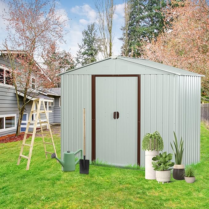 8x4 FT Outdoor Metal Storage Shed, Galvanized Steel Garden Shed with Window, Lockable Sliding Door, Sloped Roof, Ventilated Tool Storage House with Foundation Kit for Backyard Lawn Equipment, White