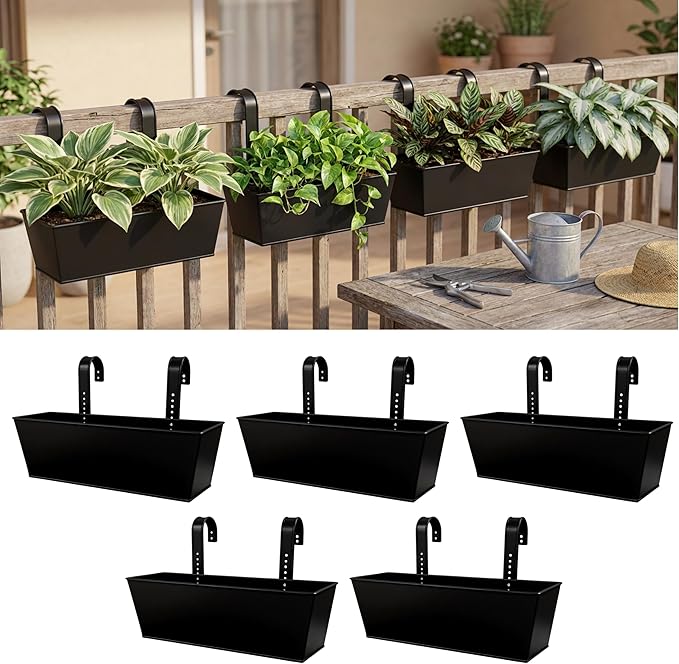 LaLaGreen Rail Planter (16 Inch, 5 Pack) Metal Planters Hanging Flower Pots Rectangular Buckets Herbs Modern Wall Mount Iron Balcony Box Plant Holder Deck Railing Fence Porch Home Outdoor Plants Decor
