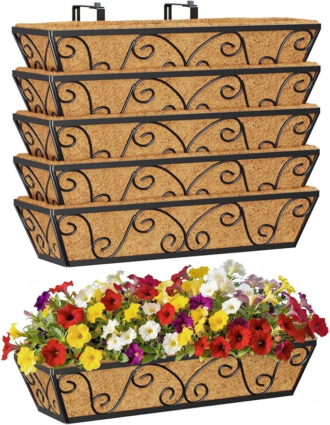 24 Inch Railing Planter Box 6 Pack, Adjustable Window Metal Box Planter with Coco Liner, Hanging Flower Planter for Balcony Deck Fence Porch Patio, Black
