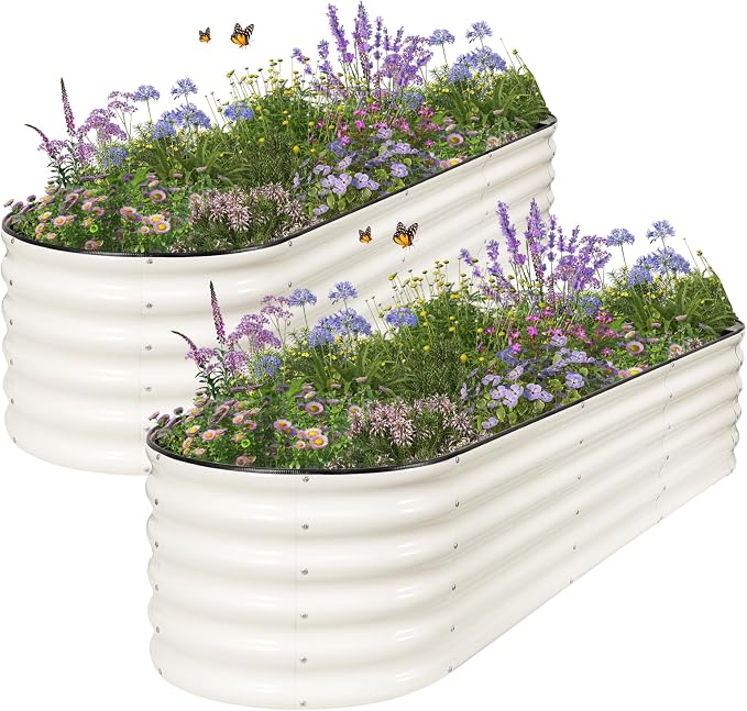 Galvanized Raised Garden Bed Outdoor- 2 Pcs Raised Beds for Gardening| Metal Planter Box, Steel Raised Garden Bed Kit with Gloves for Vegetables, Flower, Herbs (8x2x1.4FT, White)