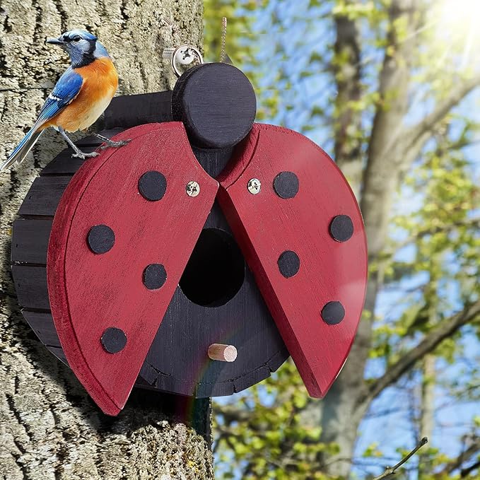 NATUREYLWL Bird Houses for Outside - Wooden Hanging Bird House - Ladybug-Shaped Birdhouse for Finches, Wrens, Cardinals - Outdoors Bluebird Nesting Box - Cute Garden Decor for Wild Birds
