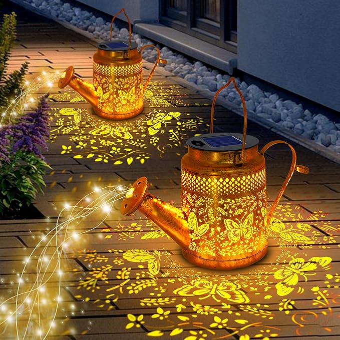 2 Pack Solar Butterfly Watering Can Lights, Gifts for Mom Grandma Women Wife Daughter Mother's Day, Waterproof Outdoor Decor Lights with Shepherd Hook, Hanging Lantern Lights for Yard Garden Backyard