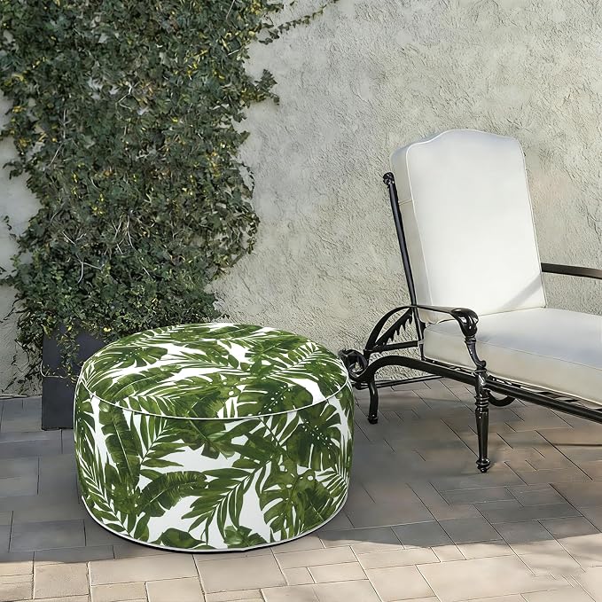 LVTXIII Indoor/Outdoor Large Inflatable Ottoman Pouf D31 x H14 Inch, Round Footstool with Handle, Weather-Resistant Portable Furniture for Patio, Camping, Beach, Palm Green