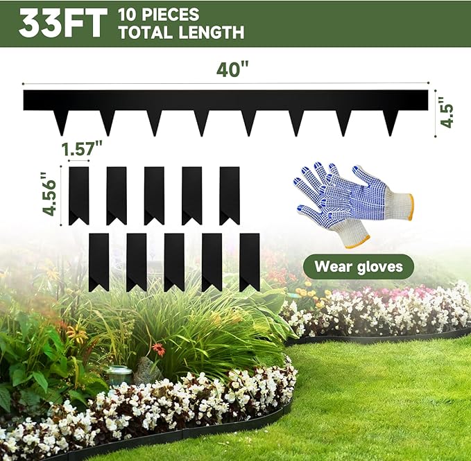 Steel Landscape Edging-33FT Landscape Lawn Edging- 4.5" H X 40" L Metal Garden Edging 10 Pcs-No-Dig Hammer Heavy Duty Steel Edging-Bendable Border Strips for Lawn Yard Black -10 Clips