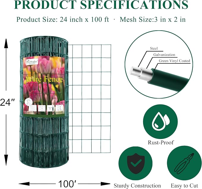 FOREHOGAR Green PVC Coated Welded Wire Fence 24 Inch x 100 Foot, 2 Inch x 3 Inch 16GA, Garden Border Fencing Roll Vinyl Coating Metal Wire Mesh for Yard Vegetable Plant Protection Poultry Netting