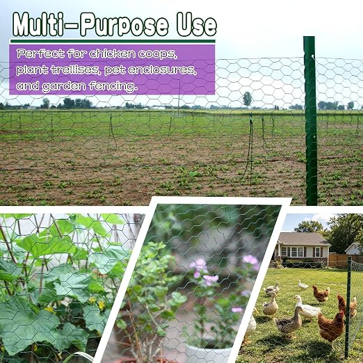 48in×150ft Chicken Wire Roll Hexagonal Netting Galvanized PVC Coated 1in Mesh Garden Poultry Fencing Barrier Animal Plants Hardware Cloth Crafts for/Rabbit/Floral/Chicken Coop/DIY Projects