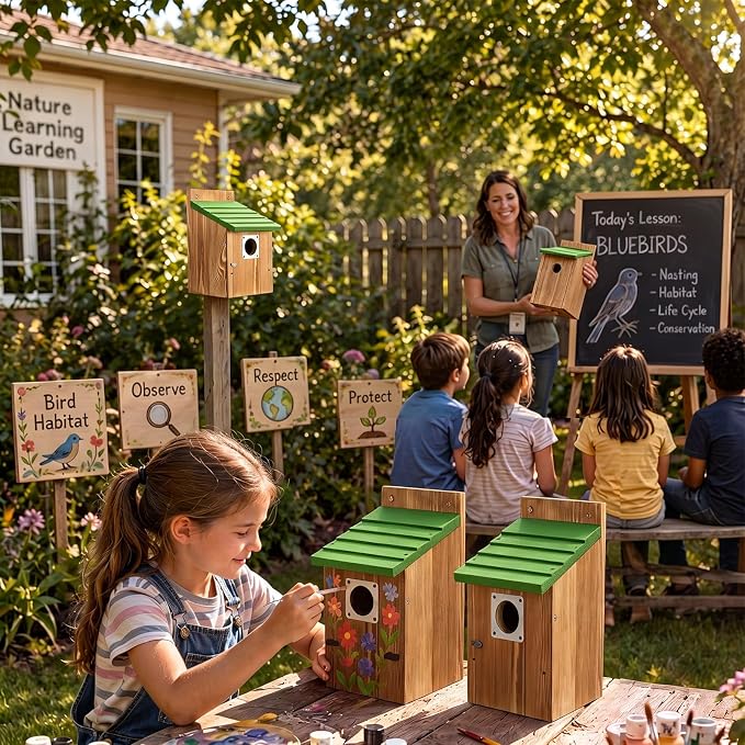 Dreyoo 4 Pack Bluebird Houses for Outside with Metal Predator Guard, 1-1/2" Entrance Hole Wooden Blue Bird Houses for Outdoors, Bluebird Nesting Box (Green Roof, Burnt Wood Body)