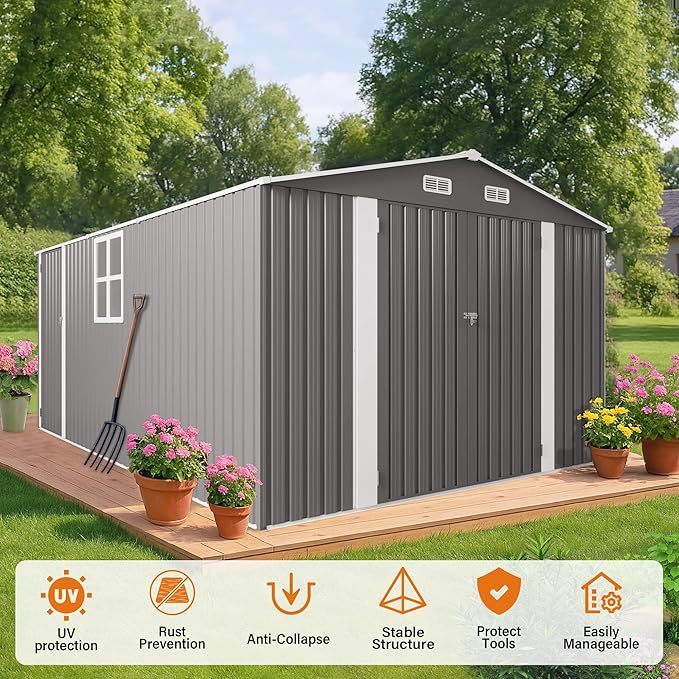 YOPTO 10x14 FT Outdoor Storage Shed,Metal Shed W/ 3 Lockable Doors & Window,Garden Tool House W/ 4 Air Vents & Sloped Roof,All Weather Waterproof for Backyard,Patio,Lawn,Grey