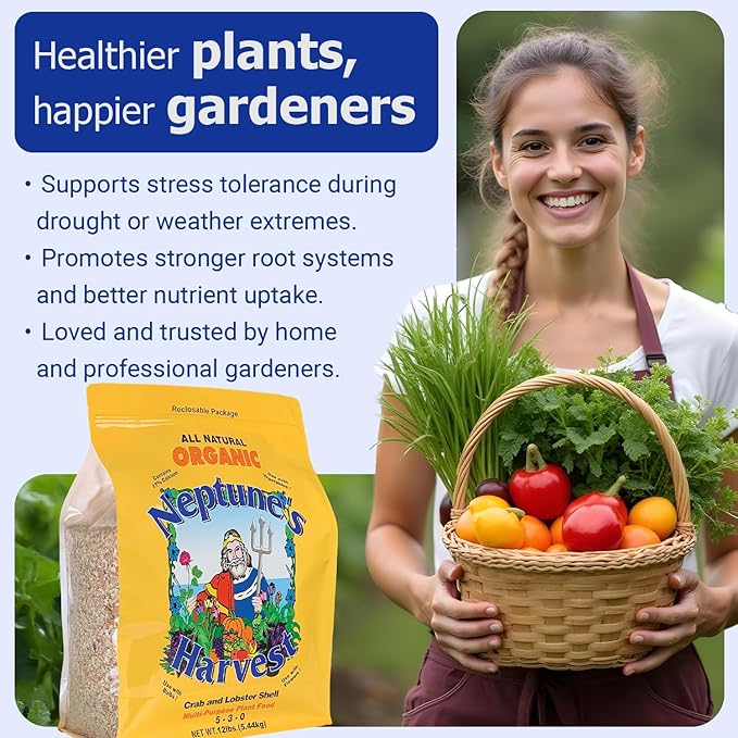 Neptune’s Harvest Organic Crab & Lobster Shell Multi-Purpose Plant Food (5-3-0) - 12 LB Resealable Bag - Rich in Nutrients Soil Fertilizer - Plant Food for Lawns, Gardens, and Vegetables