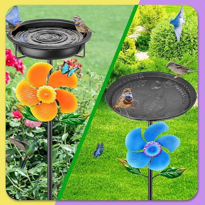 Metal Bird Bath for Outside Feeder Bowl, Detachable Birdbath & Birdfeeder with Base Stake, Vintage Birds Baths for Outdoors Garden Yard Lawn Decor (Black+Windmill)