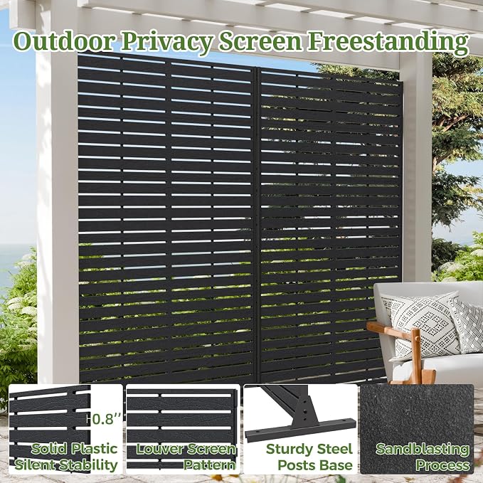 Privacy Screen Outdoor 72" Hx47 W Freestanding Privacy Panel with Stand, HDPE Decorative Privacy Fence with Sandblasting Louver Pattern, Patio Divider Screen, Privacy Screens for Outside