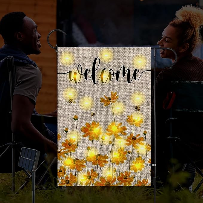 Lighted Spring Summer Floral Welcome Garden Flag, 12 x 18 Inch Double Sided Vertical Burlap Sunflower Bee Led Garden Flag for Seasonal Holiday Outdoor Yard Decoration
