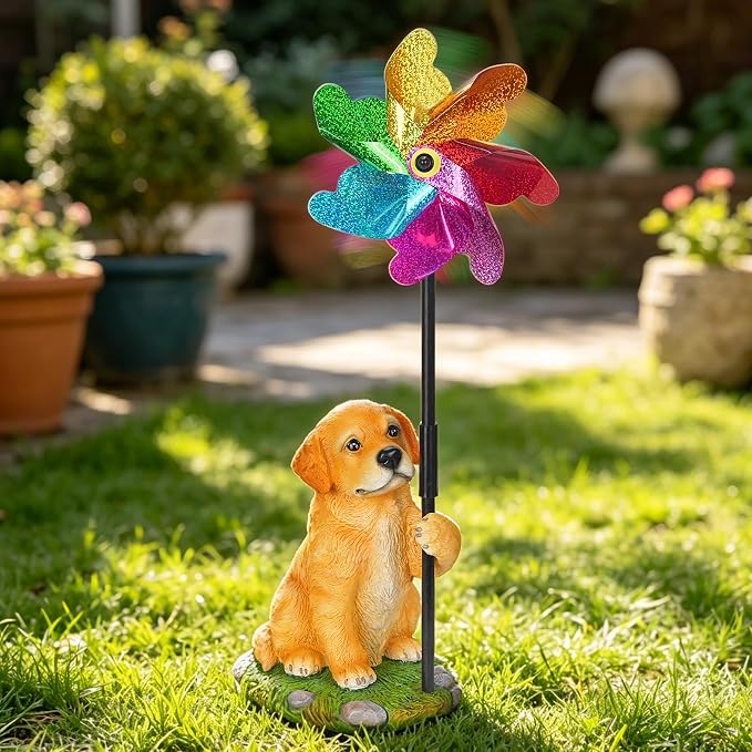 Dog Wind Spinner Decor, Waterproof Resin Golden Retriever Garden Statue with Colorful Pinwheel for Outdoor Patio, Flower Bed, Poolside, Backyard Lawn