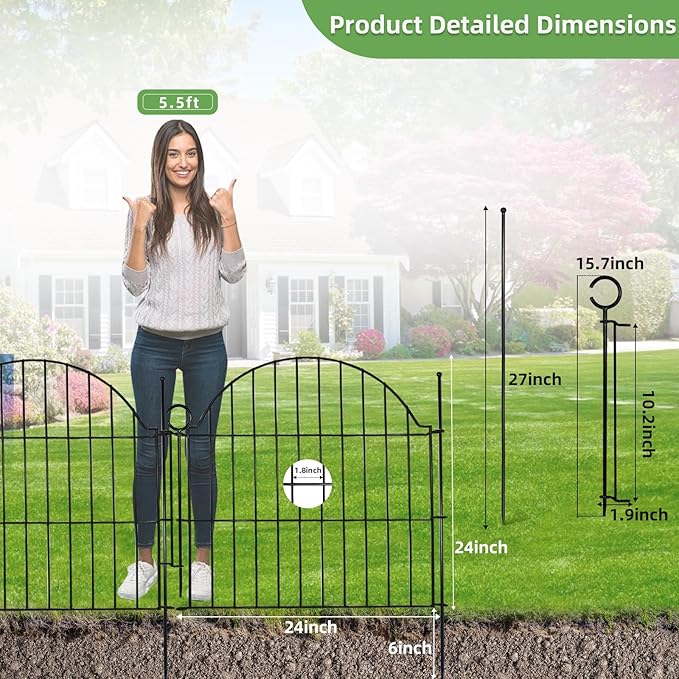 Blingluck Decorative Metal Garden Fence with Gate Lock 5 Panels, 24in (H) x 10ft (L) No Dig Dog Fence Outdoor for Yard, Temporary Rustproof Metal Wire Rabbit Dog Garden Border Fencing for Patio