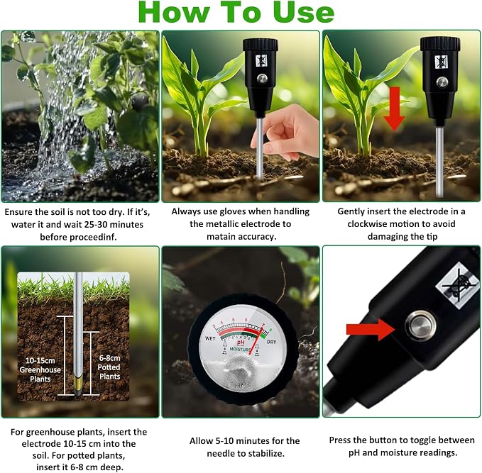 295mm Long Soil Moisture Sensor Meter Long Probe, Soil PH Meter, Soil PH Tester Gardening Tool Kits for Plant, Tree, Soil Tester for Moisture Great for Garden, Lawn, Farm, Indoor & Outdoor Use